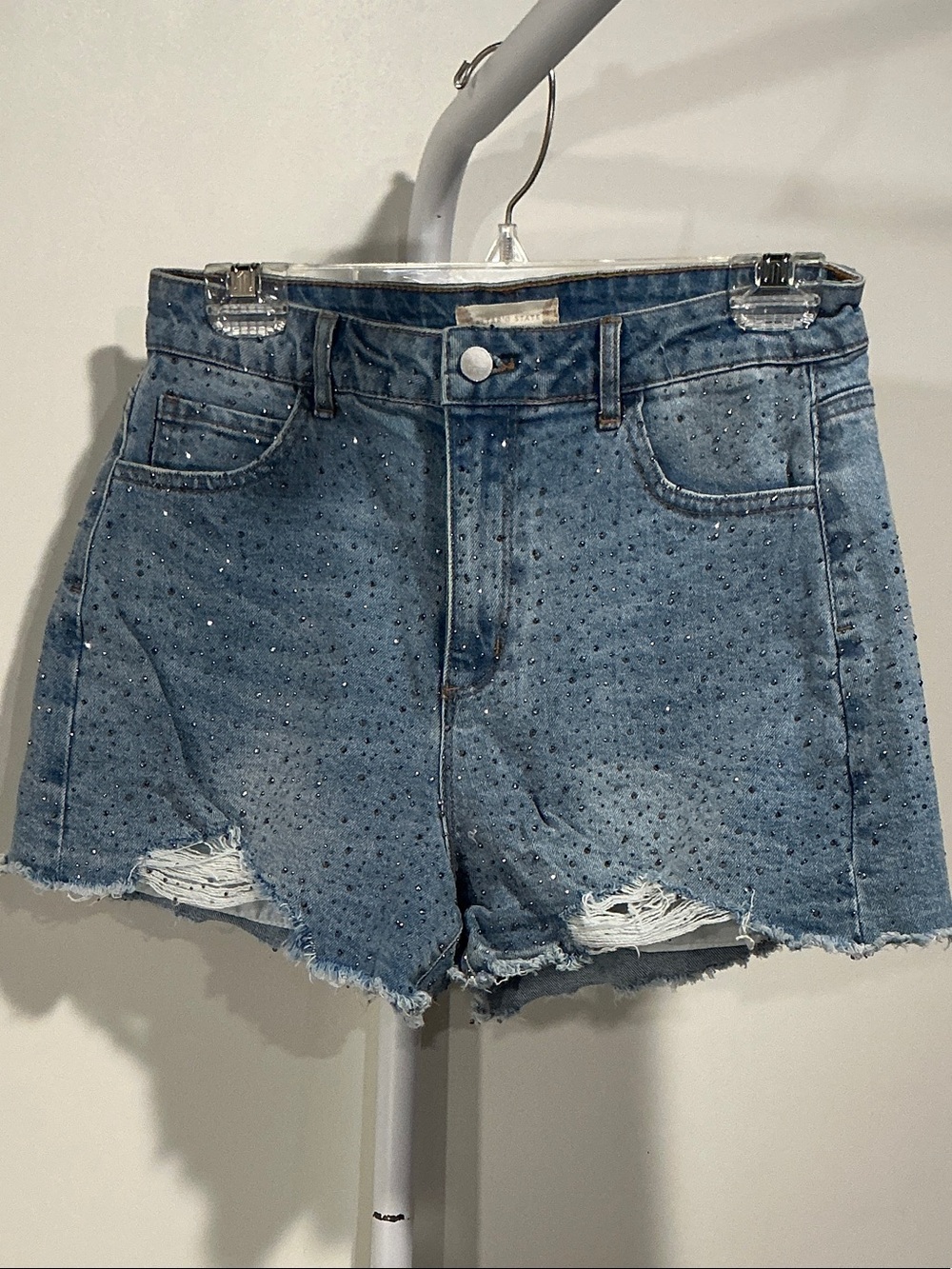Altar'd State Light Blue Rhinestone-Embellished Distressed Denim Shorts